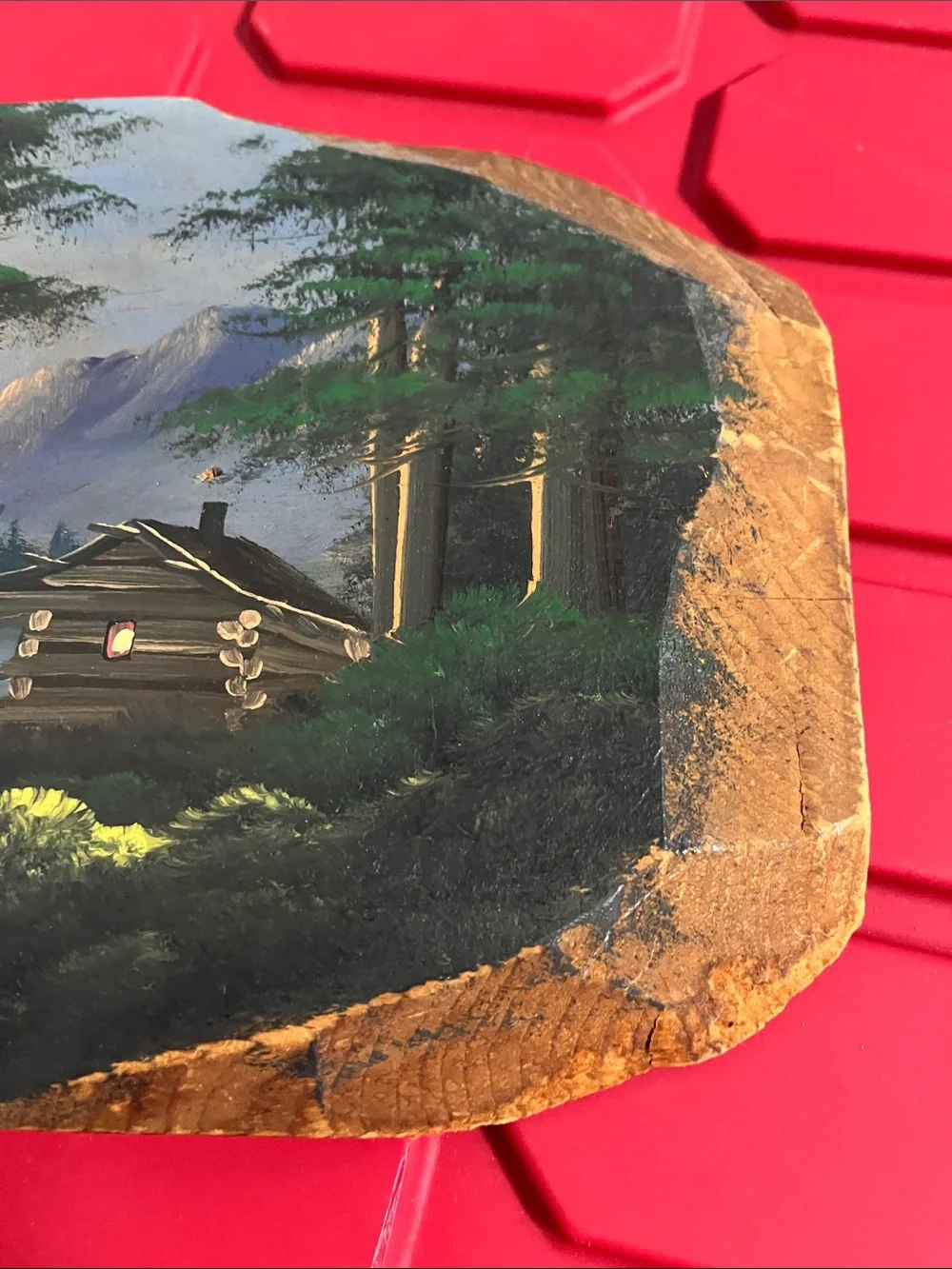 Hand painted wood cabin scene (Joe Breckenridge) possibly wall decor